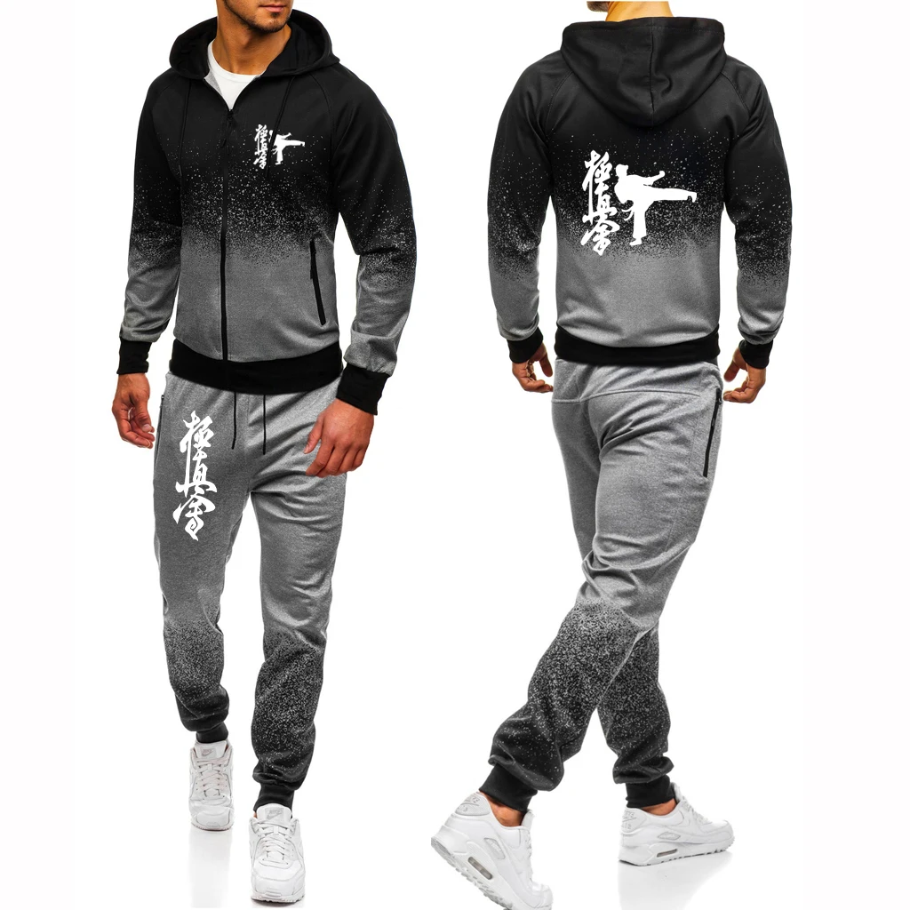 

Man Kyokushin Karate Spring and Autumn Printing Zipper Hoodie Coat Casual Sweatpant Sport Hip Hop Gradient Color Suit