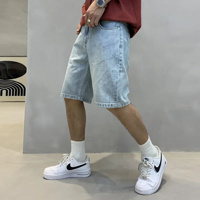 Fashionable Niche Design Sensibility Washing Light Denim Men's Casual Shorts Straight Leg Trendy Midsummer Pants