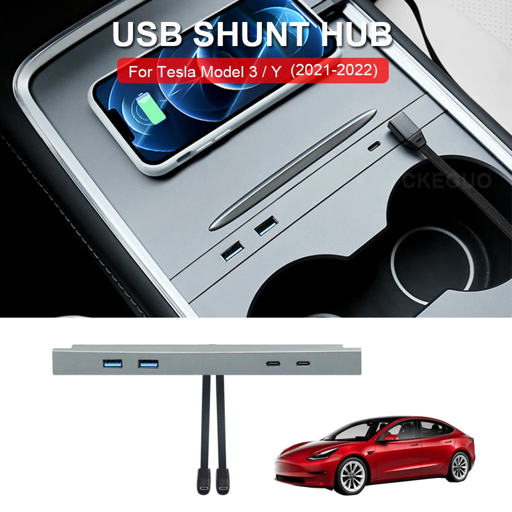 

27W Quick Charger For Tesla Model 3 Model Y 2021 2022 Docking Station USB Shunt Hub Model 3 Adapter Powered Splitter Accessories