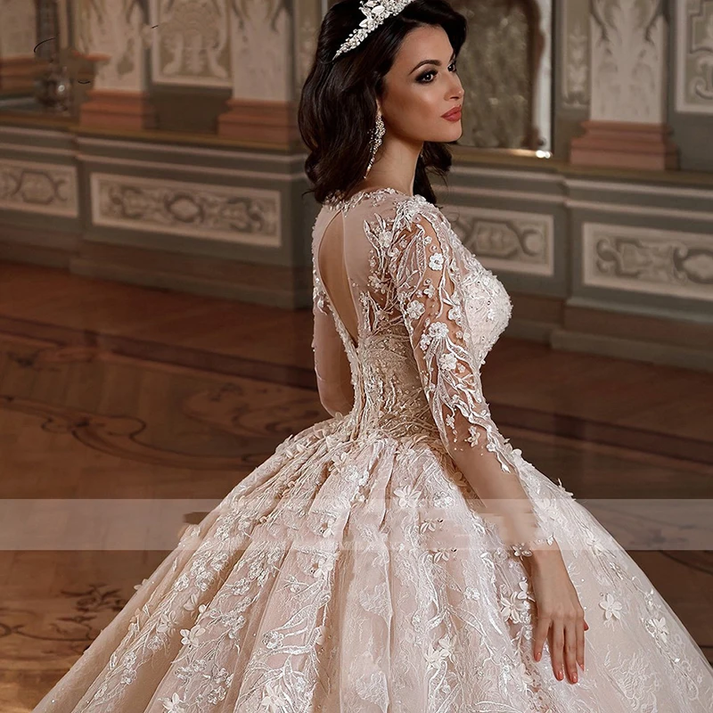 Luxury Women's Wedding Dresses Elegant Retro Round Neck Bridal Gowns Lace Applique A-Line Church Beads Vestidos De Noiva Manga 4
