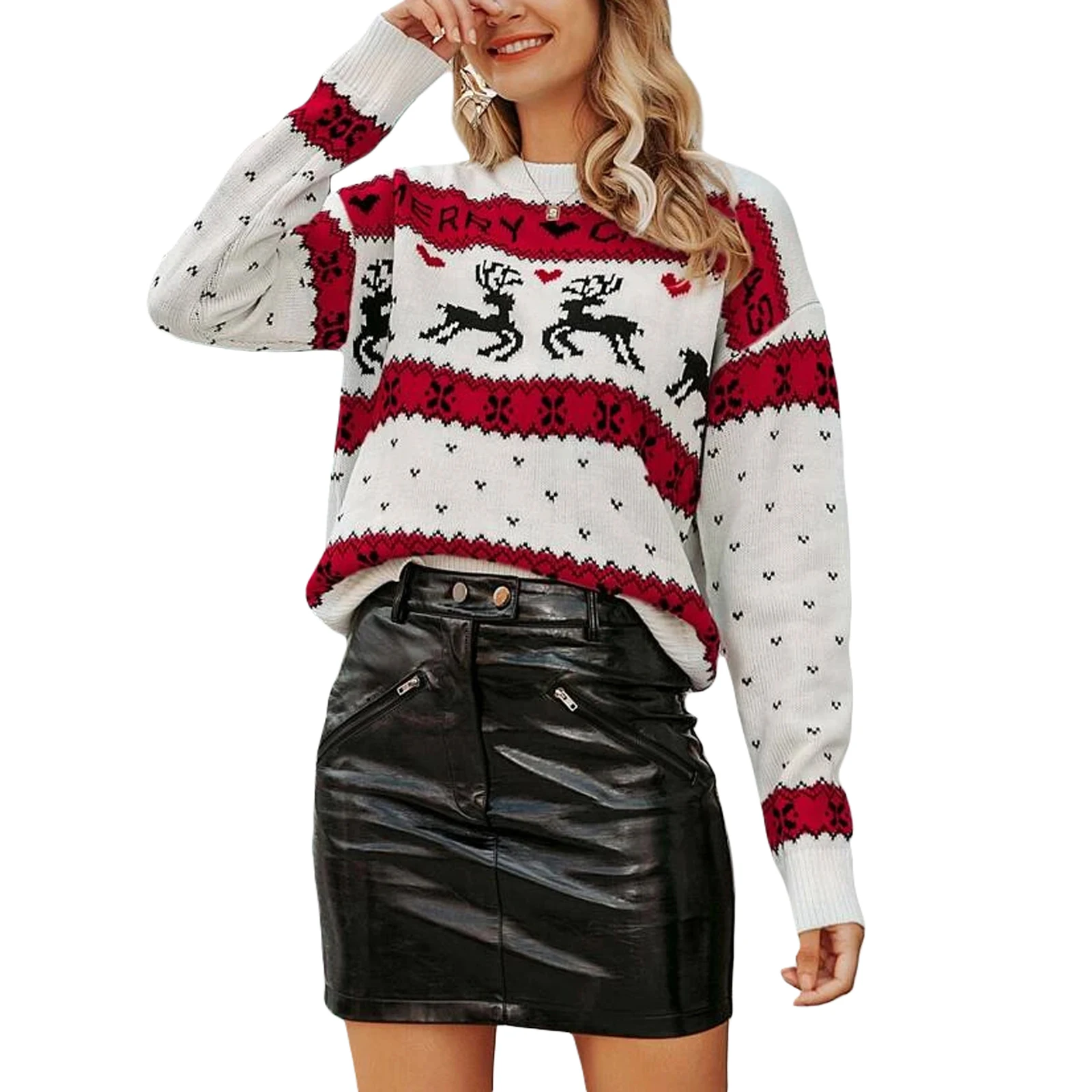 thumbnail image 1 of Suéter navideño para mujer de Rteyno, suéteres de manga larga con estampado de alces, suéteres de cuello redondo para otoño e invierno, 1 of 4