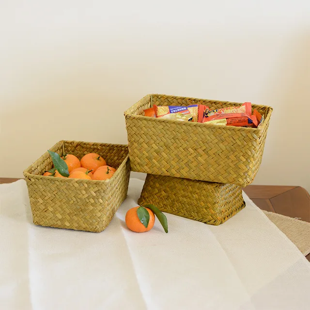 S/M/L Kézzel Szőtt Tengeri Fű Tároló Kosarak Moszat Rattan Kosár Íróasztal Szervező Piknik Snack Kozmetikai Doboz - Image 5
