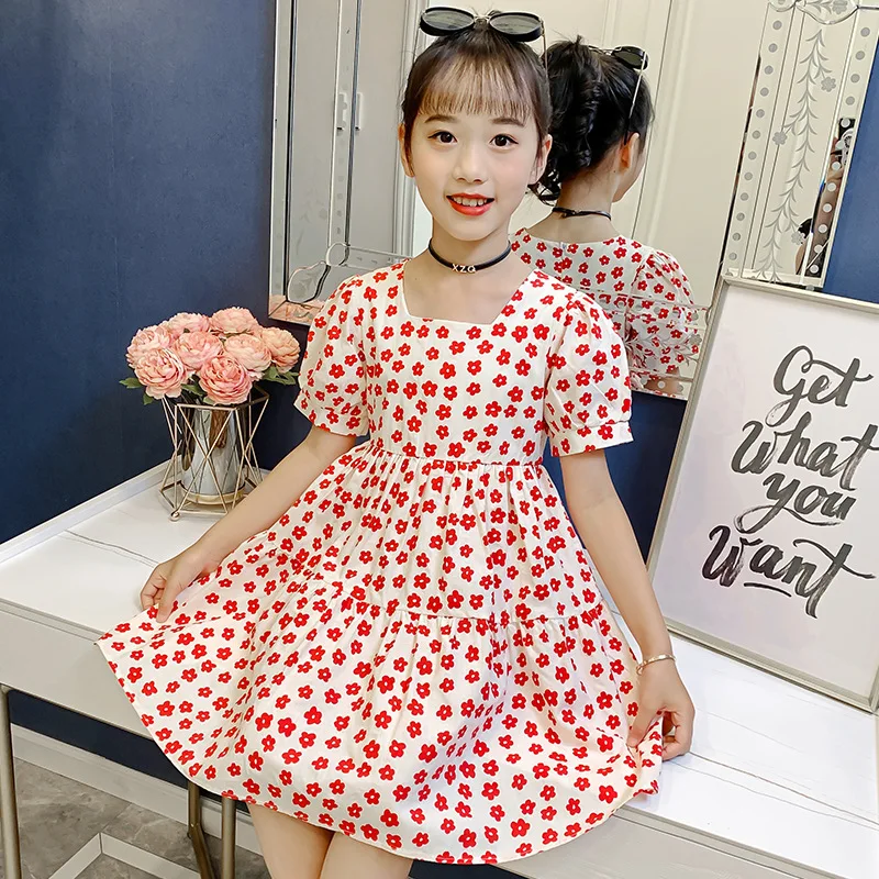 

2023 Summer Dress for Children Clothes Cotton Bubble Sleeve Skirt Short-sleeved Floral Princess Dress for Kids Girls 4-9Y