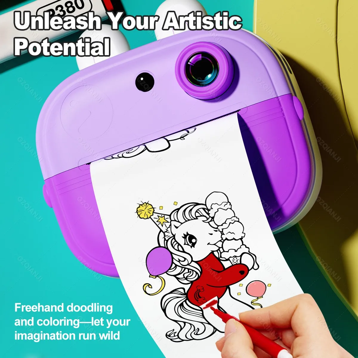 Thermal Printer Kids Children's Digital Camera Instant 57x25mm Photo Printer With 32G-SD Lanyard,Pen-Color Support Video Record