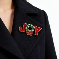 2025 New Christmas Red color "JOY" Letter Brooch（one piece） Enamel Wreath Bow Decor Fashion Daily Party Jewelry Accessory 2