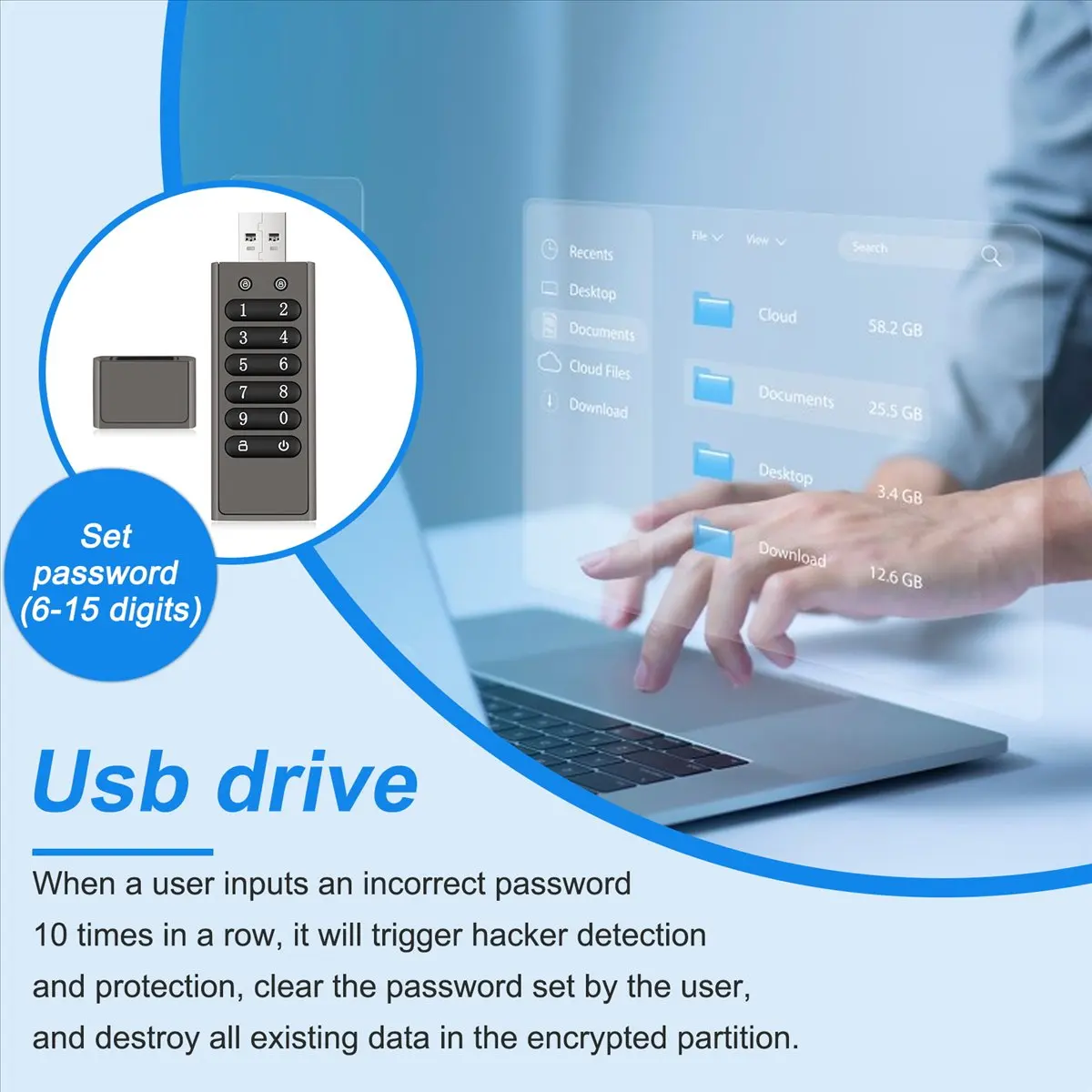 보안 USB 드라이브, 32GB 암호화 USB 플래시 드라이브 하드웨어 번호 메모리 스틱(키패드 포함) U 디스크 플래시-TCES