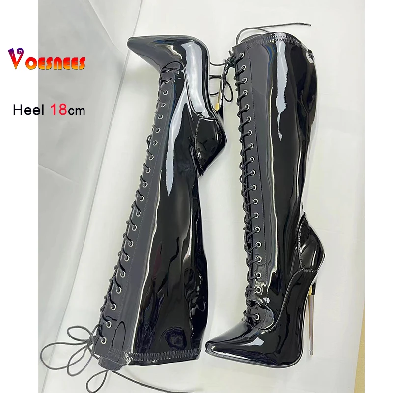 Black 18cm Metal Heel Knee High Women Boots Night Club Stage Pointed Toe Pole Dance Shoes Patent Leather Lady Heels Custom Color