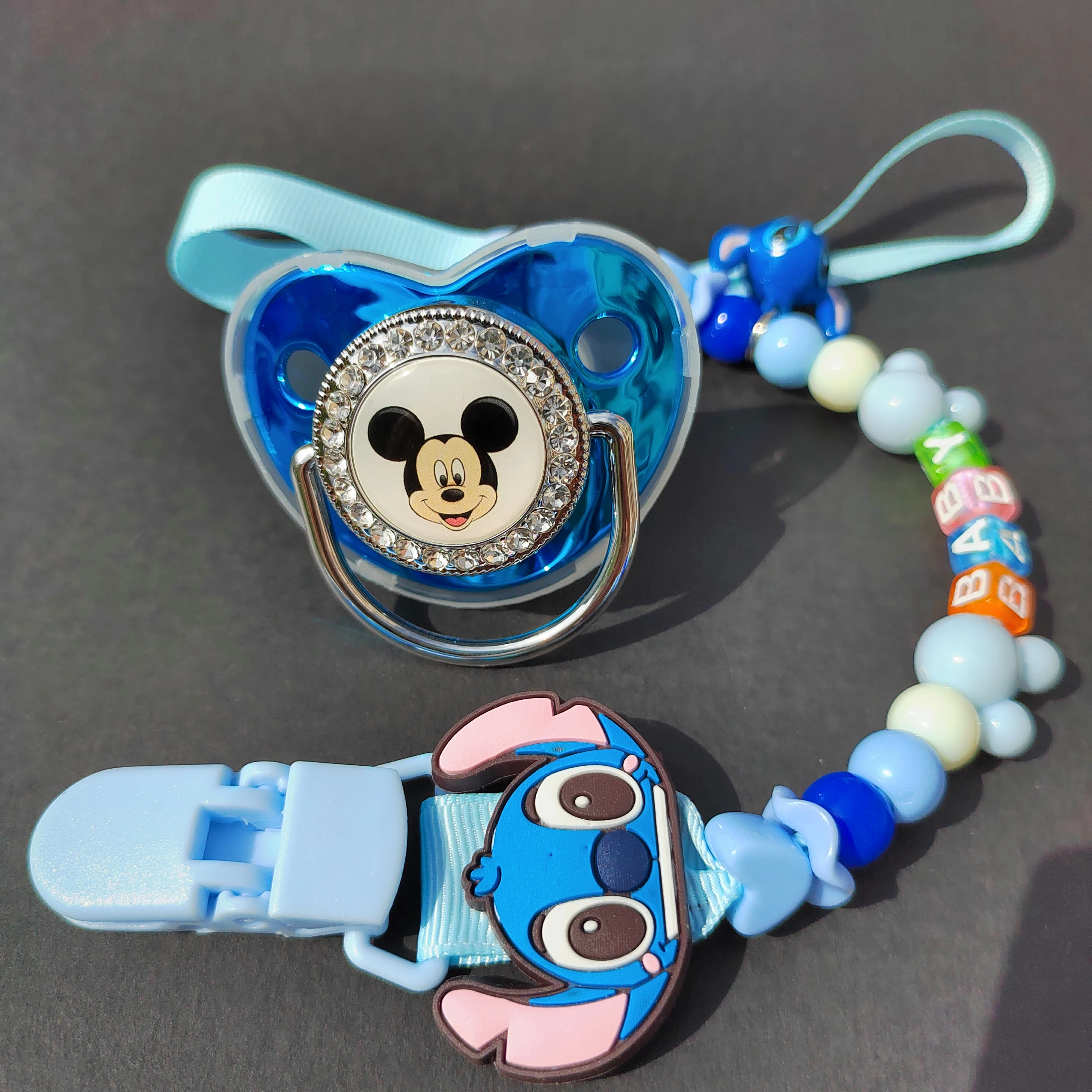 2022 Disney Blue Bead Clip and Pacifier Baby Pacifier Fake Silicone Baby Pacifier Newborn Pacifier BPA Free Baby set Shower Gift