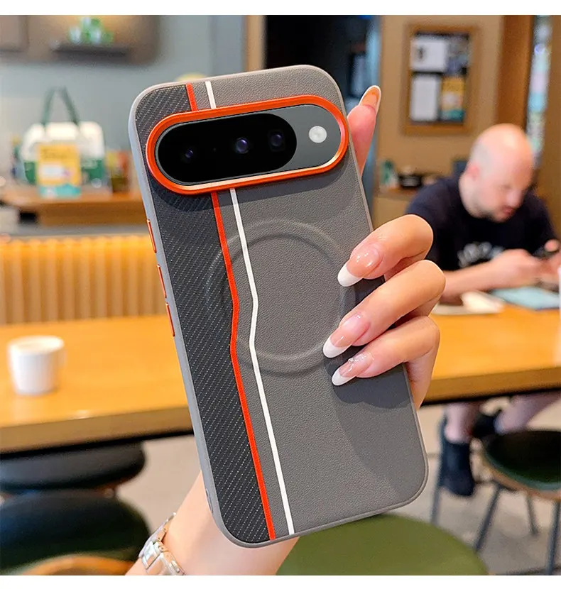 Luxury Colorblock Leather Magnetic Case - Orange with Metal Lens Buttons, Shockproof