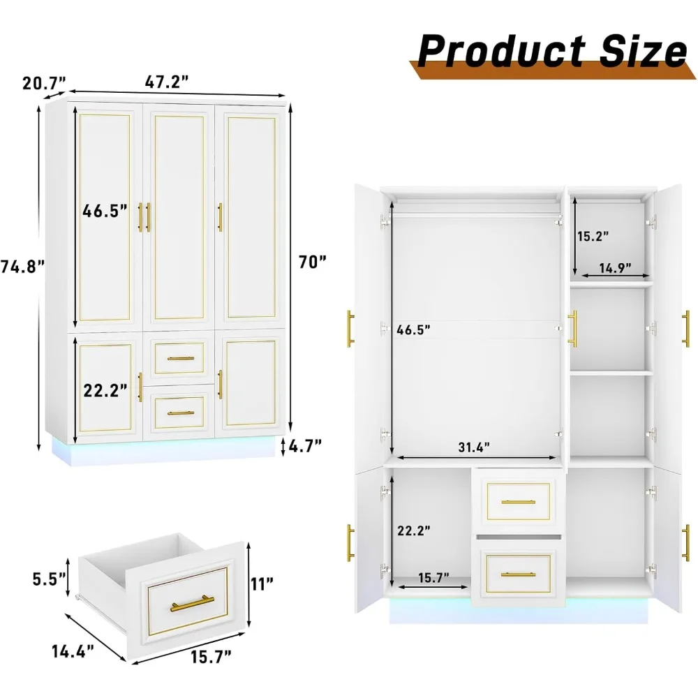 75” Tall 3 Doors Armoire Wardrobe Closet with 2 Drawers and LED Lights, with Shelves and Hanging Rod, Wardrobes 2