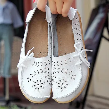 Genuine Leather Women Flats Fashion Casual Women Shoes Hollow Women's Shoes Slip On Flat Shoes Ballerina Plus Size Zapatos Mujer 1