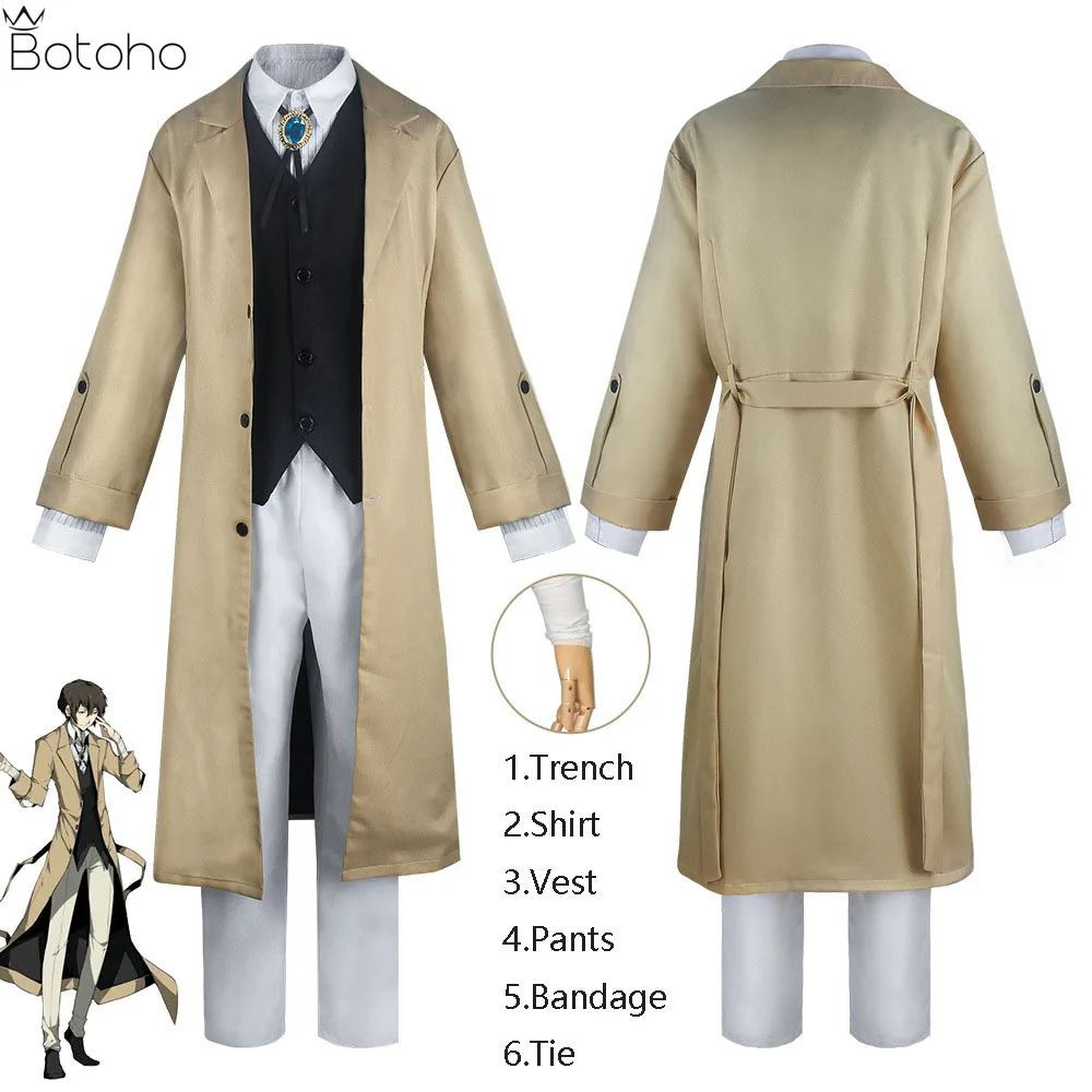 

Hot Anime Bungo Stray Dogs Dazai Osamu Cosplay Costume Long Jacket Coat For Men Vest Shirt Pants Uniform Suit Halloween Costume