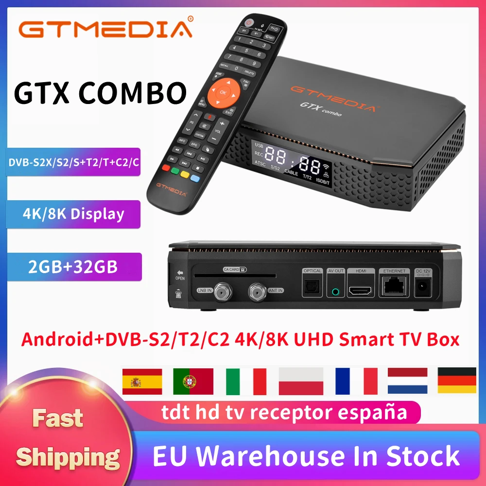 

GTMEDIA GTX Combo 4K/8K UHD Smart TV Box Android+DVB-S/S2/S2X+T/T2+C/C2 TV Receiver CA Card Slot&CI+1.4,EU Warehouse In Stock