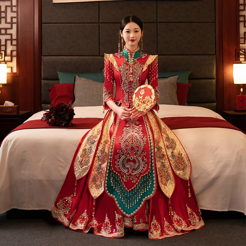 fitted lace wedding dress Asian Wedding Dress Women's Hanfu Wedding Dress-Happiness