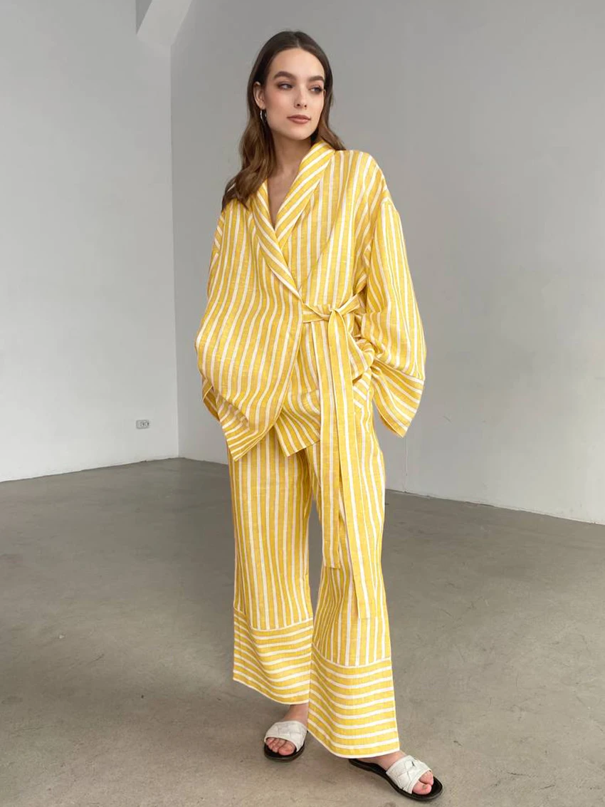 Marthaqiqi Striped Women'S Sleepwear Set Turn-Down Collar Pajamas Long Sleeve Lace Up Nightwear Pants Loose Ladies Nightie Suits