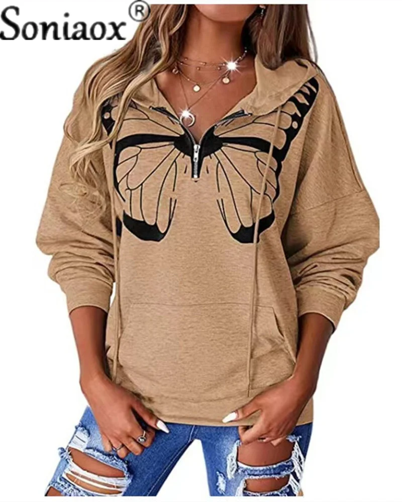 2022 Autumn Winter New Womens Stitching Butterfly Print Hooded Zipper V-Neck Drawstring Loose Fashion Casual Winter Sweatshirts
