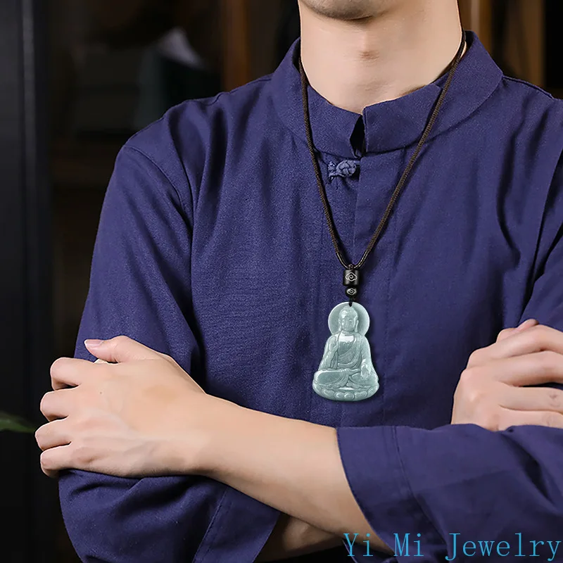 Pendant Necklace Jade Jewelry Natural A-grade Jade Pendant Blue Water Buddha Ice Fashion High-end Men's and Women's Styles