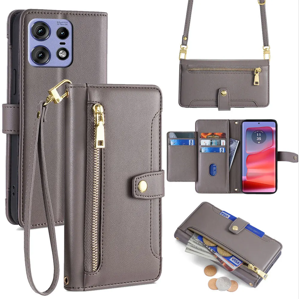 Luxury Leather Crossbody Zipper Flip Case with Multi-Card Storage and Lanyard Wallet Design