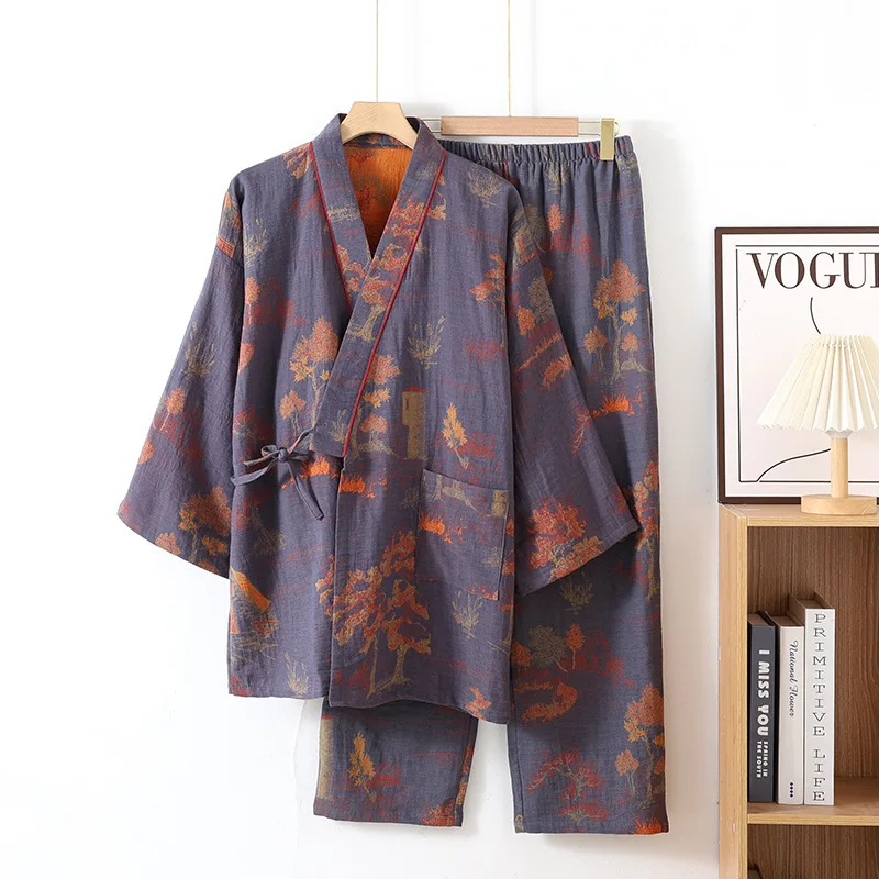 Retro Print Men's Sleepwear Cotton Men Autumn New Loose Nightwear Set Kimono Pajamas Top And Long Pants Loungewear