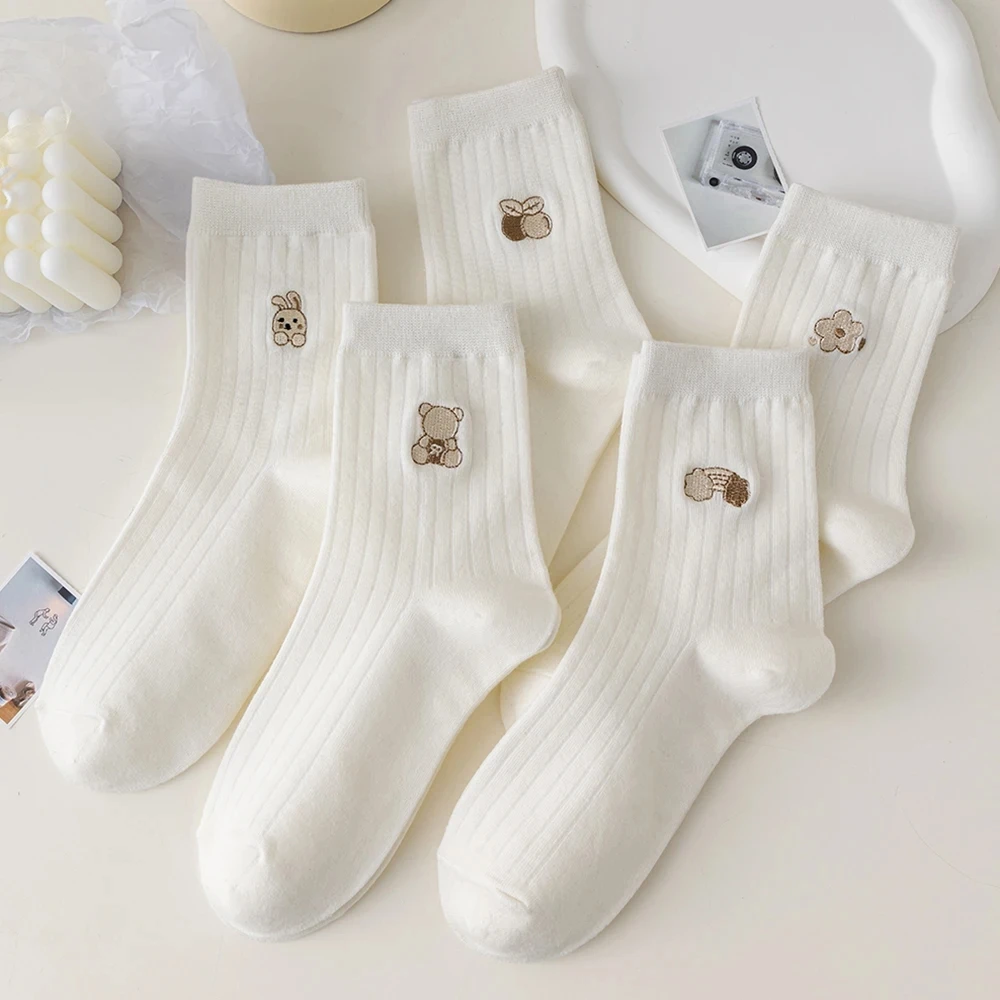Round neck socks 5 Pairs Women's Round Neck Socks Autumn Winter Cute Cartoon Breathable Fashion Soft Medium Tube Aocks
