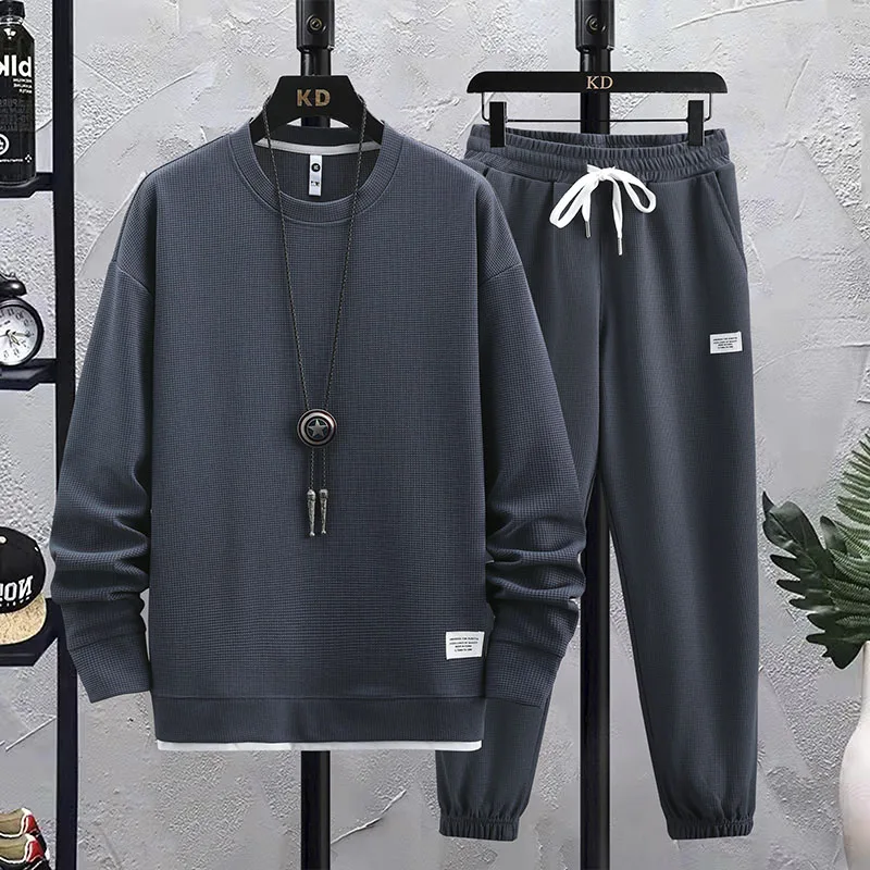 2024 New Men's Tracksuit 2 Piece Waffle Hoodie Sweatsuits Sets Athletic Jogging with Pocket Spring Autumn Casual Sports Suit