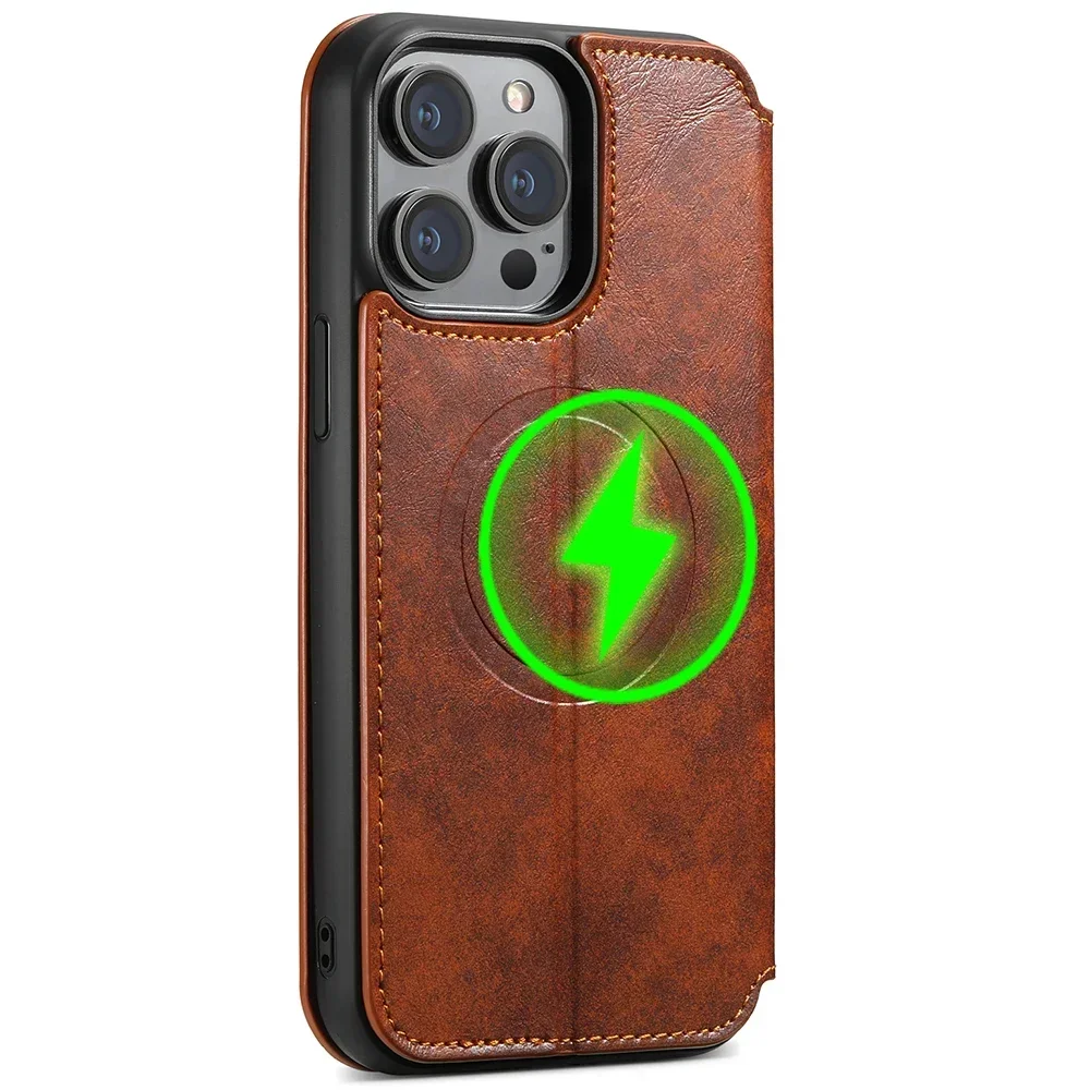 Magnetic Leather Wallet Phone Case with Wireless Charging & Kickstand