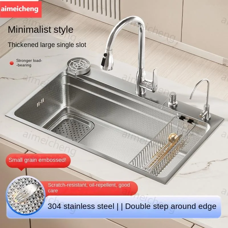 304 อ่างล้างจานสแตนเลสเงินขนาดใหญ่ SINGLE SLOT อ่างล้างหน้า NANO ล้างจาน Undermount SINK ระบายน้ําด้านซ้าย 1