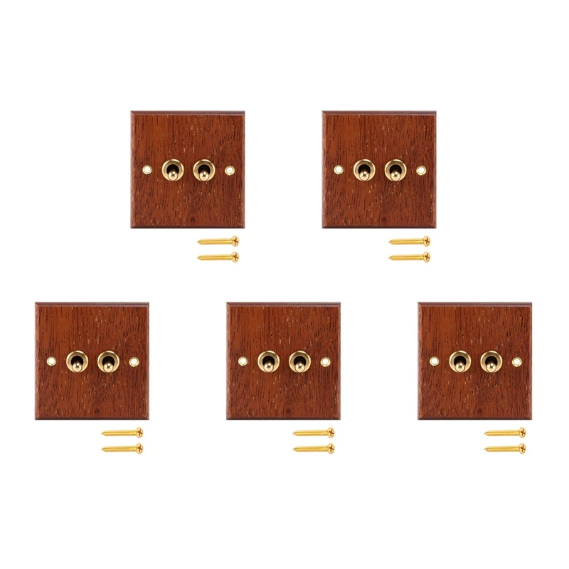 

HOT! 5X 86 Type Solid Wood Panel Switch Wall Light Retro Brass Toggle Switch Wood Grain Electrical Switch Socket 2- Switch