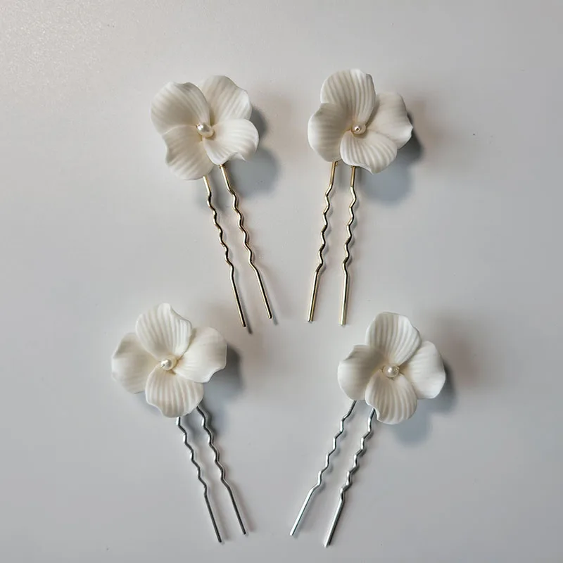 

SLBRIDAL Handmade Freshwater Pearls Ceram Flower Bridal Hair Pin Set Wedding Hair Sticker Hair Accessories Women Hair Jewelry