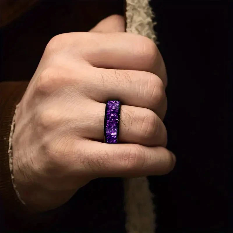 8mm Men Stainless Steel Rings Inlay Galaxy Style Purple Abalone Shell For Men Wedding Engagement Band Jewelry