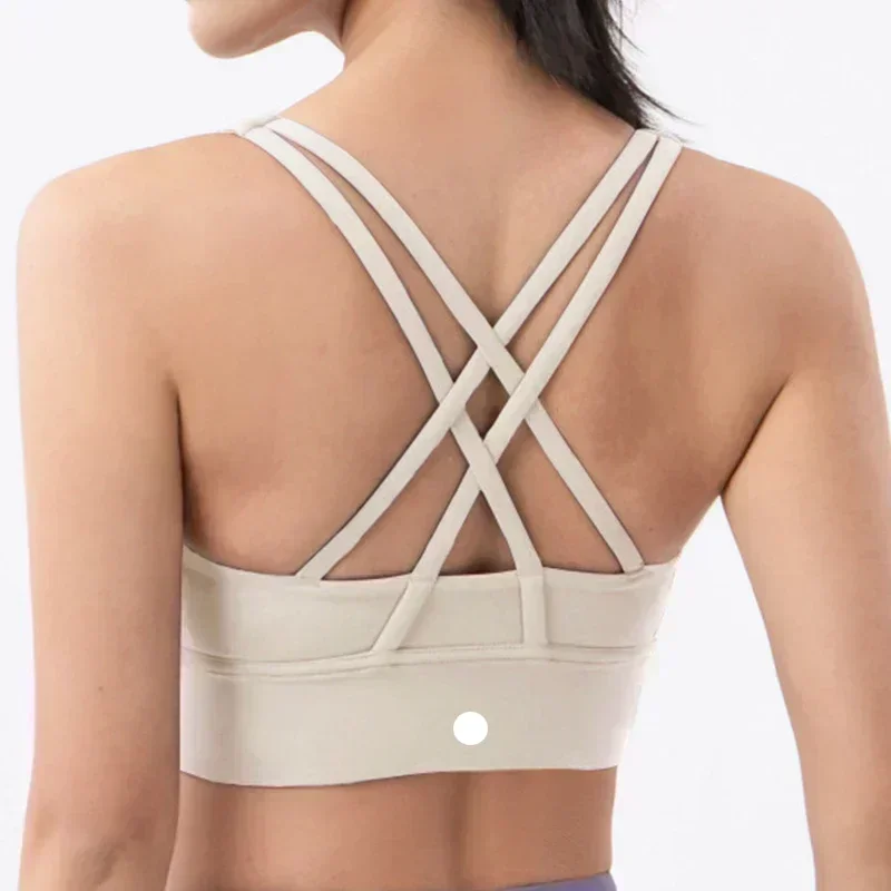 Lemon Comfy Wide Hem Sports Bra For Women Gym Back Cross Strappy Fitness Vest Wirefree Padded Medium Support Yoga BrasTop