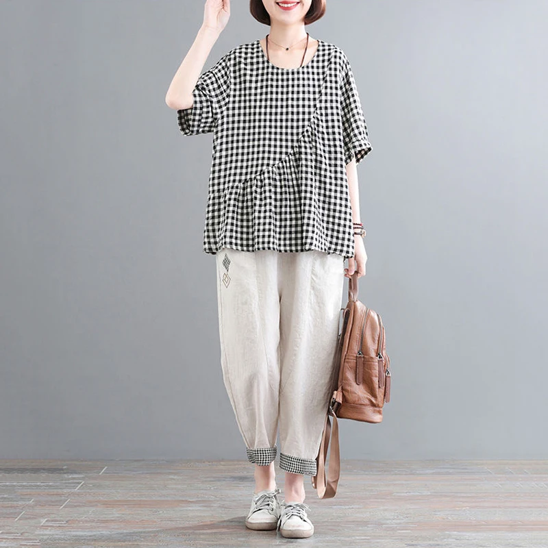 

2 Piece Sets 100% Cotton Women Casual Pants Suits New 2023 Summer Vintage Plaid Loose Female Tops And Ankle-length Pants
