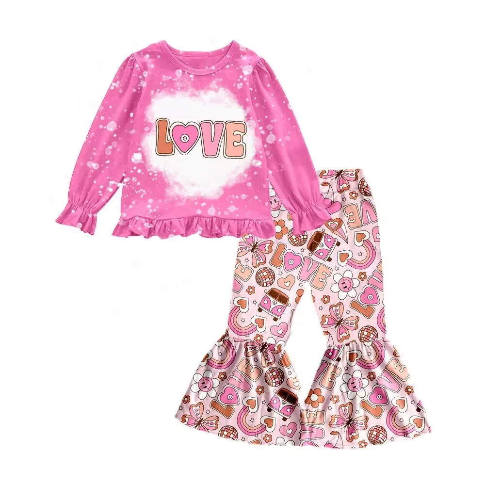 

Hot selling boutique girls suit fashionable Valentine's Day baby little girl long sleeve bell pants suit wholesale lovely chocol