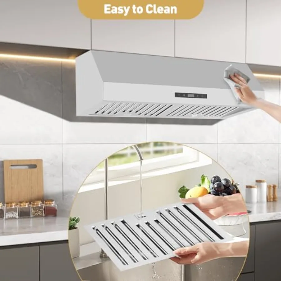 Under Cabinet Range Hood 30 Inch 400CFM Stainless Steel Kitchen Stove Vent Hood with 3 Speed Exhaust Fan Touch Control LED Ligh