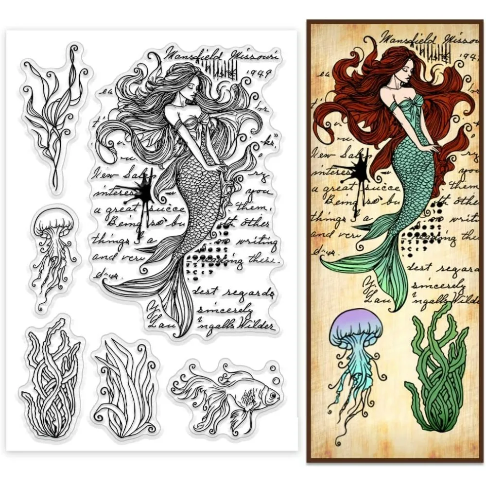 Mermaid clear stamps for card making jellyfish fish coral rubber stamps under the sea cards scrapbooking stamp transparent paper clear stamps