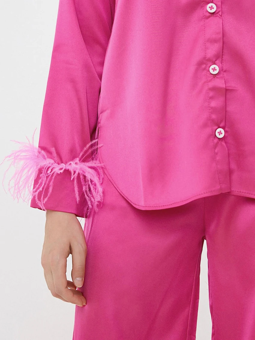 Marthaqiqi Feathers Ladies Nightgowns Suit Long Sleeve Nightwear Turn-Down Collar Sleepwear Pants Loose Femme Pajama 2 Piece Set