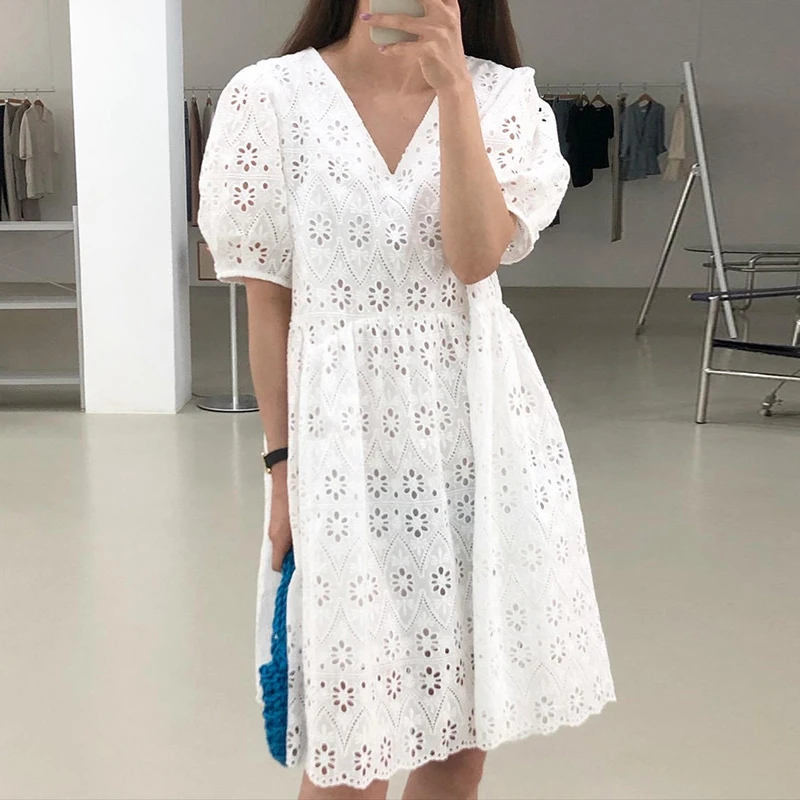 

Short Sleeve High Waist Women Dress 2022 Vintage Spring Elegant Woman Dresses Party A-Line Fall Luxury Solid White Vestido Midi