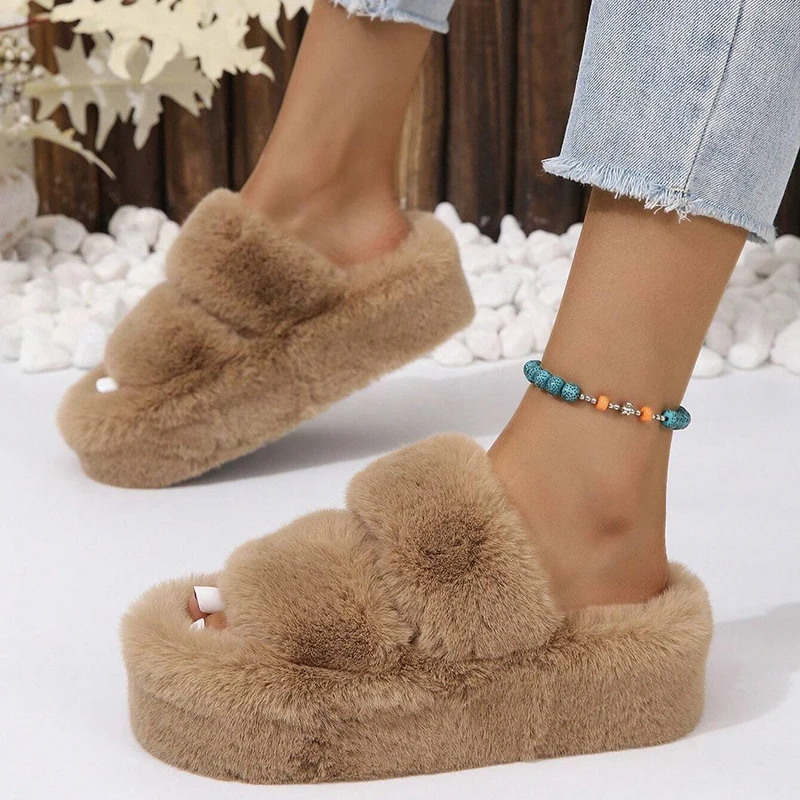 

2023 Winter Women Faux Fur Fully Wrapped Sole Vamp Furry Slippers Slippers Black Female Warm Flats Large Size Slides Cozy Home