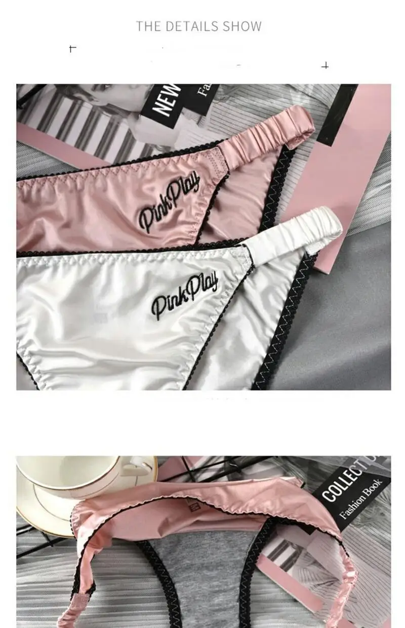 Women Satin Ice Silk Panties With Letter Embroidery Elastic Waistband Lace Trim Briefs Breathable Underpants 3