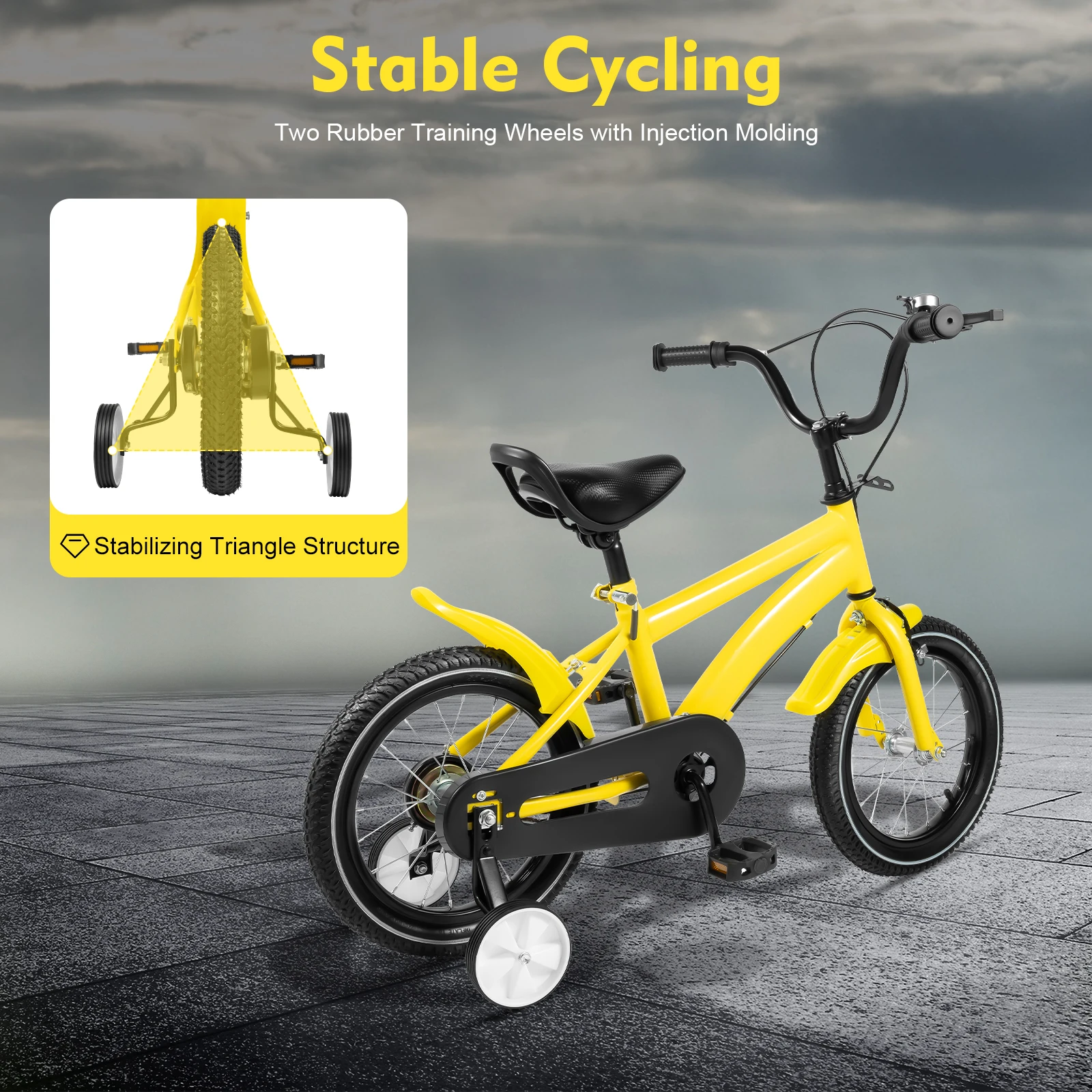Kinderfahrrad mit verstellbarem Sitz und Stützrädern, leichtem Rahmen aus Kohlenstoffstahl, 39,17 Zoll, Gelb/Schwarz – Detail 1