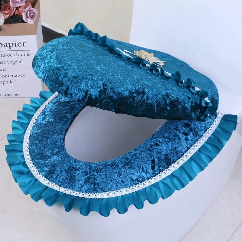 Toilet Seat Cover Lace Decoration Soft Velvet Two-piece Three-piece Dust-proof Tank