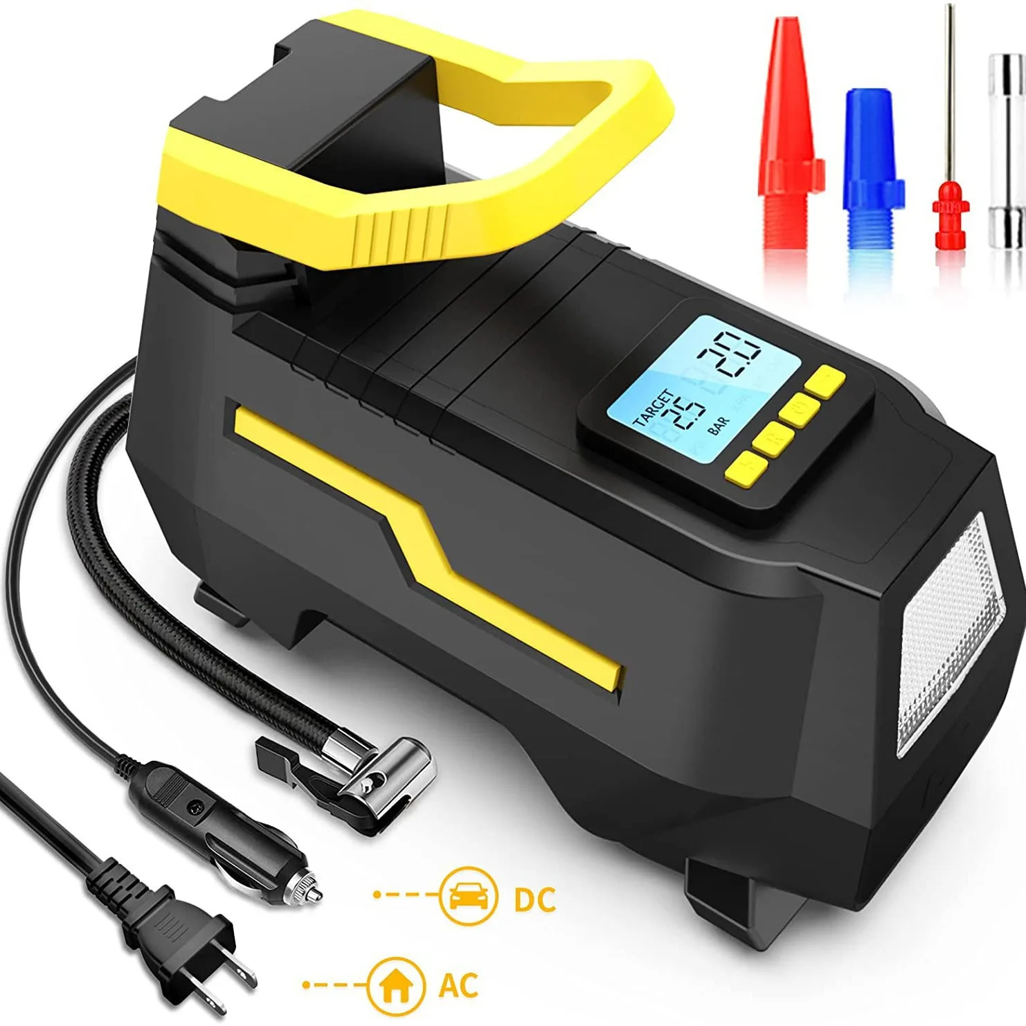 Automotive air compressor air pump with digital pressure gauge tire inflation injector DC/AC 12V/100-230V 150psi