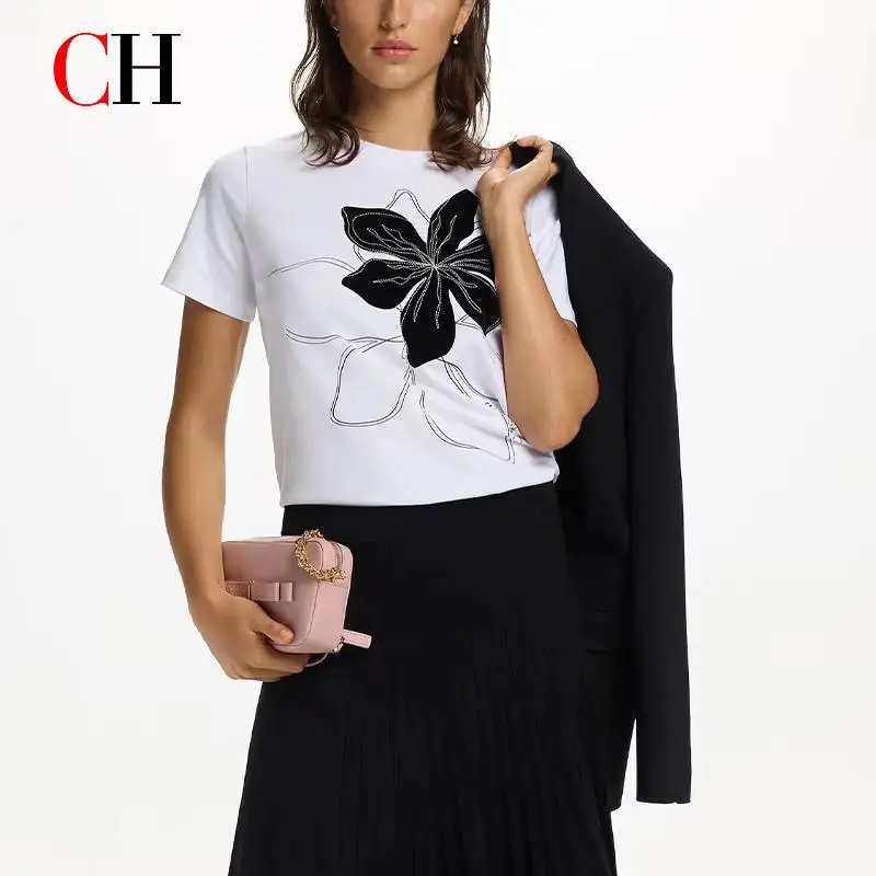 CH Besticktes Blumen-Kurzarm-T-Shirt für Damen Rundhals Regular Fit Premium-Baumwolle Lässige Alltags-Vielseitige Oberteile
