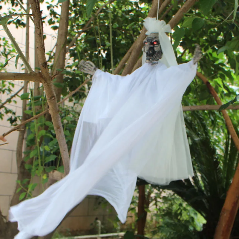 

Halloween Hanging Ghost Decoration Witch Bride Wizard Groom Ghost with Glowing Eyes Scary Sound Haunted House Outdoor Yard Decor