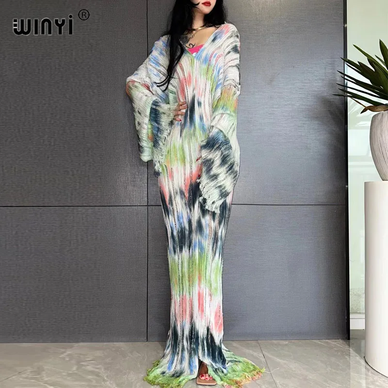 WINYI fashion print summer V-neck Knitted hollow sexy long dress Elegant party Evening dress Women Beachwear long sleeve dress