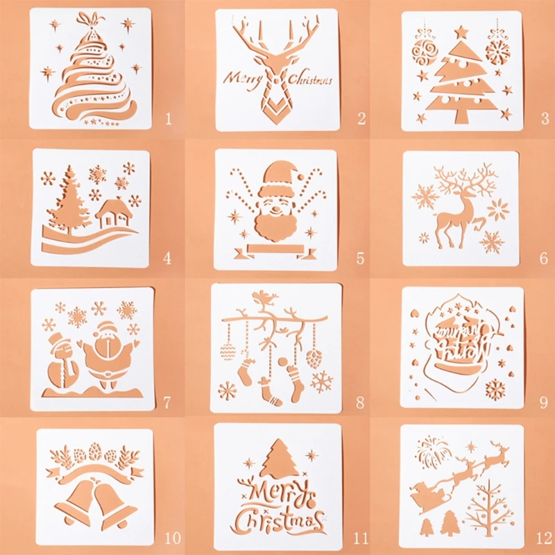 24 Stencil Natalizi Riutilizzabili 15x15 Cm - Set Di Sagome Per Pittura Con Motivi Di Babbo Natale, Albero, Pupazzo Di Neve - Per Tessuti, Pareti, Biglietti Fai Da Te - 3