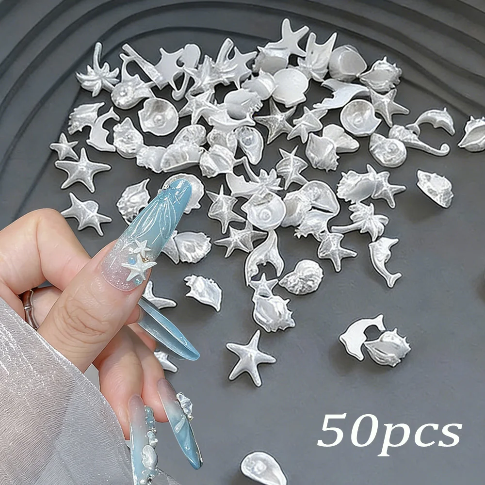 50개 오션 시리즈 네일 참 3D 레진 화이트 펄 쉘 스타 돌핀 라인스톤 쥬얼리 ..