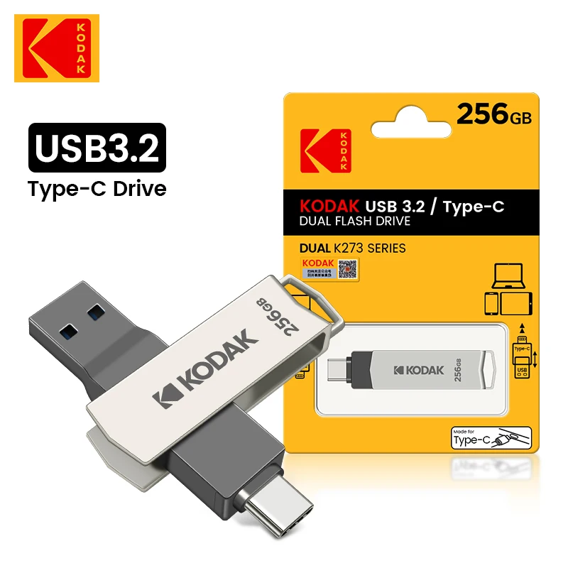 

Kodak K273 USB Flash Drive Metal USB 3.2 Pendrive 64GB 128GB 256GB 100MB/S Type c OTG landyard for keys cle usb for smartphone