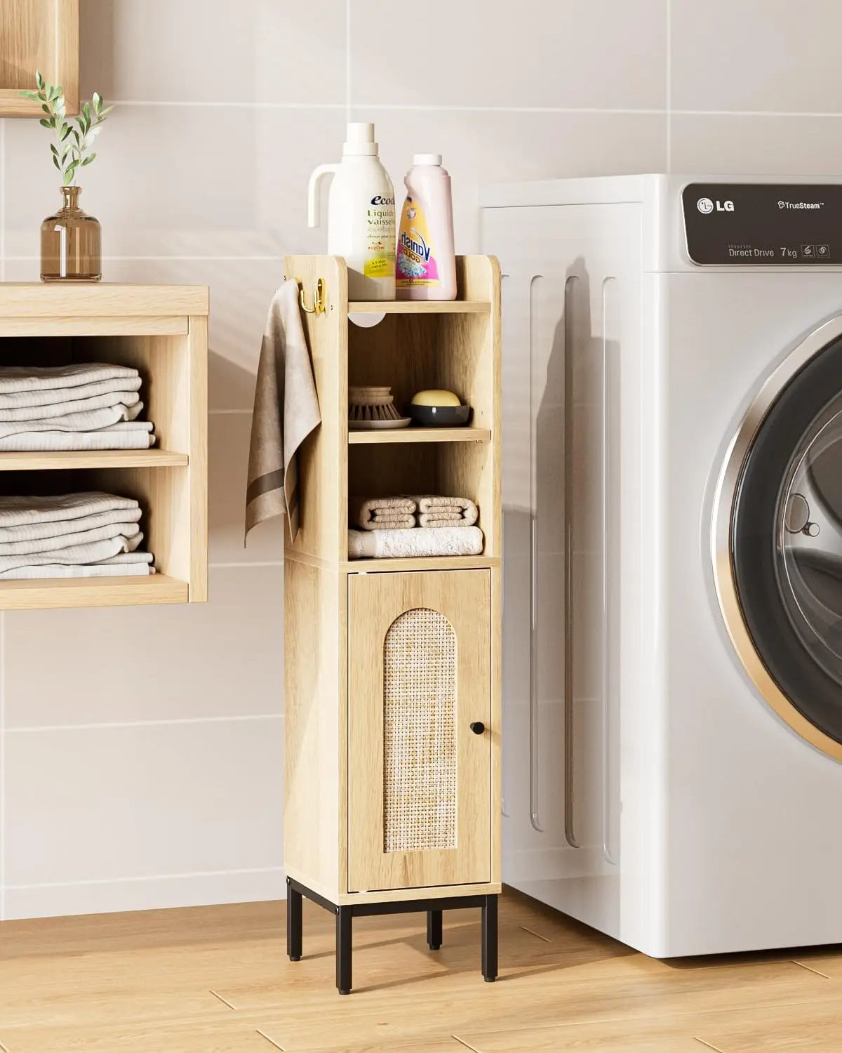 Bathroom Storage Cabinet, Small Corner Floor Hutch with Door and Shelves, Narrow Toilet Paper Cabinet, Bathroom Organizer with