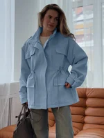 Col montant Multi poche taille cintré vêtements de travail femmes manteau bouton à manches longues haut ample automne dame loisirs vacances manteaux 1